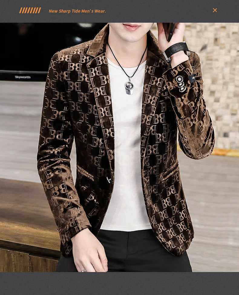 Spring New Men's Blazer Fashion Casual Boutique Business Bronzing Design Letter printing Suit  Male Slim Fit Blazers Jacket Coat