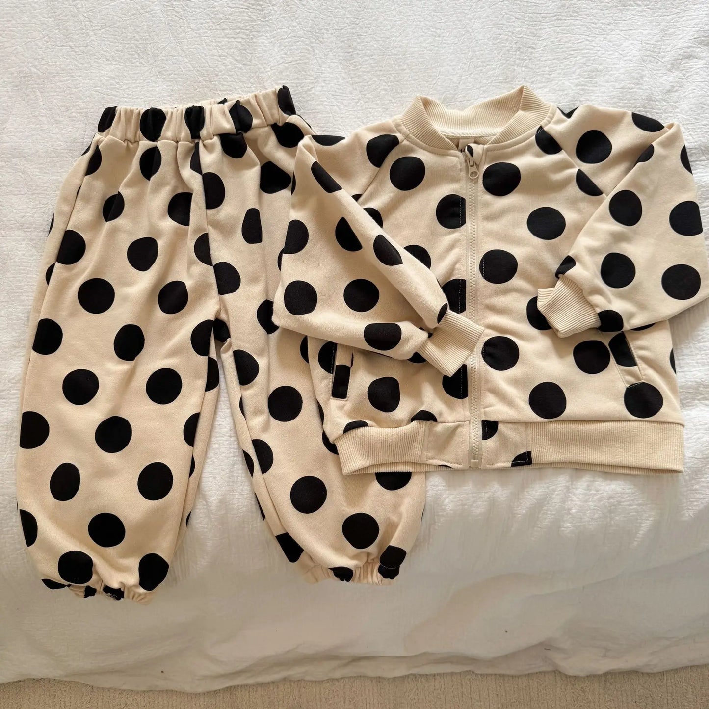 2025 Autumn New Children Long Sleeve Clothes Set Boys Girls Zipper Coat + Sweat Pants 2pcs Suit Kids Casual Polka Dot Outfits