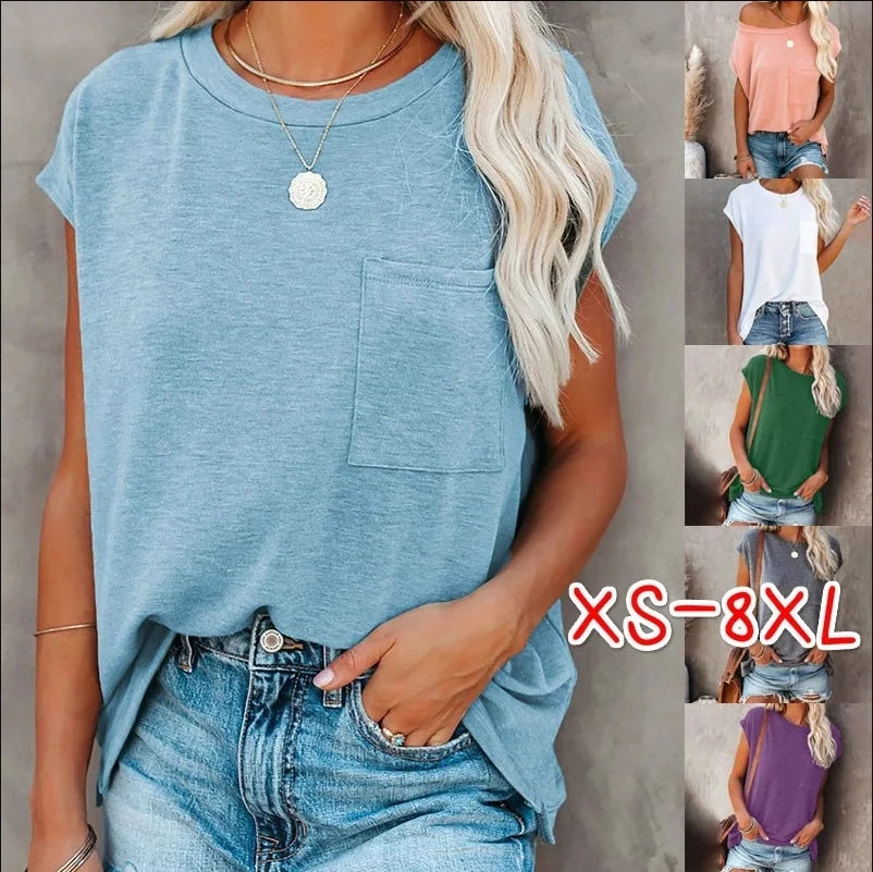Summer Tops Fashion Clothes Women Casual Short Sleeve Pure Color Loose T-shirts Ladies Blouses Off Shoulder Round Neck Cotton