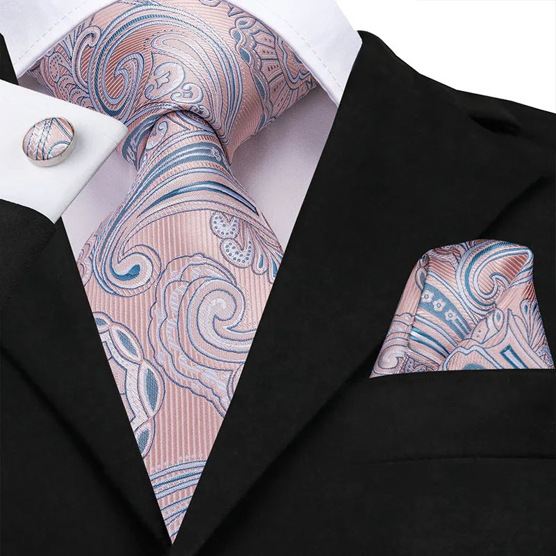 Hi-Tie Silk Men Tie Peach Pink Floral Wedding Necktie for Men Luxury Necktie Handkerchief Cufflink Fashion Design Business