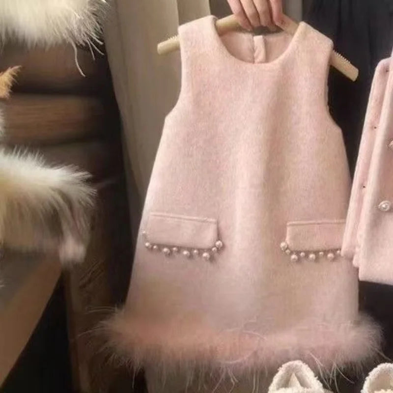 Girls' Korean Children's Clothing Woolen Suit 2025 Winter New Style Western-style High-end Children's Coat Vest Two-piece Set