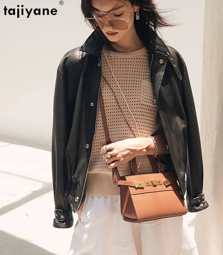 Tajiyane High-end Genuine Leather Jacket Women 2023 Short Casual Black Leather Jackets Real Sheepskin Coat Elegant Streetwear