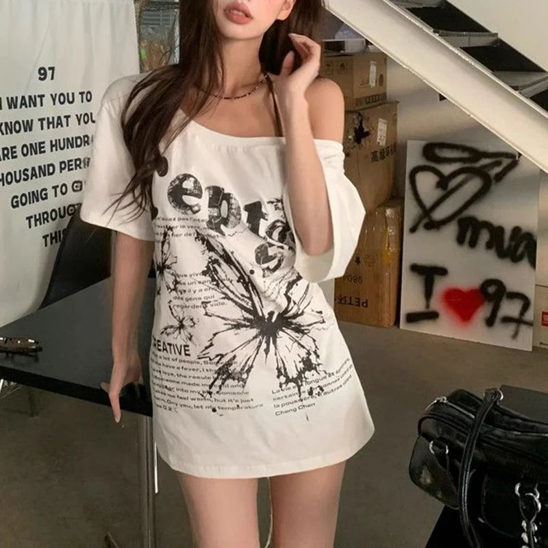Summer Lady T-shirts Chic Streetwear T-shirts Female Baggy Casual Daily Tops Women Letter Printed Off Shoulder Clothes