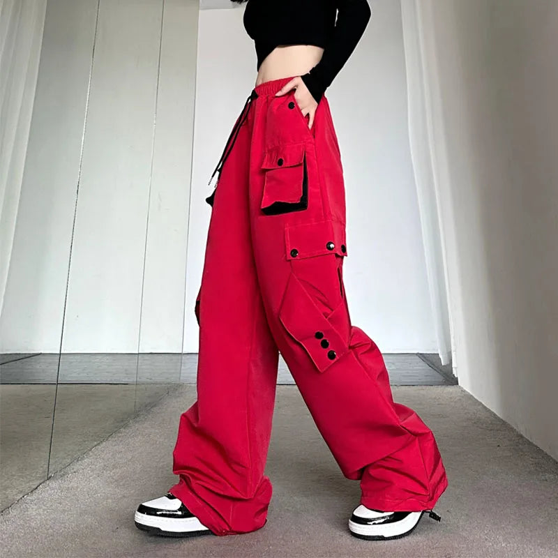American High Street Workwear Casual Pants Women Loose Color Block Straight Leg Long Pants Pocket High Waist Wide Leg Trousers
