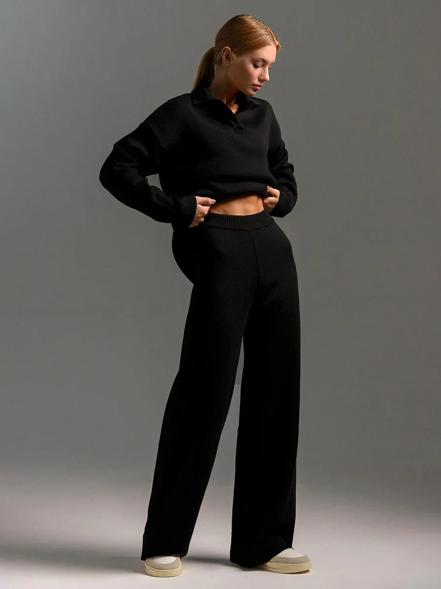 Sumuyoo Winter Thick Women Knitted Suits Cashmere Soft 2 Pieces Sets Female Polo Neck Sweater & Wide Leg Pants Knitted Outfit