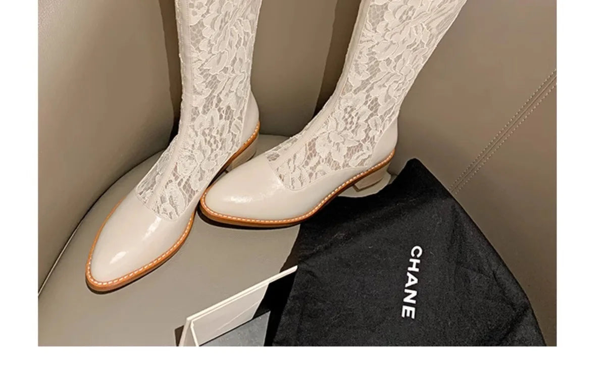 Woman Fashion Lace Flower Boots Thick Heel Pointed Toe Mid-calf Boots Female Footwear Summer Size 41 Breathable Botas De Mujer