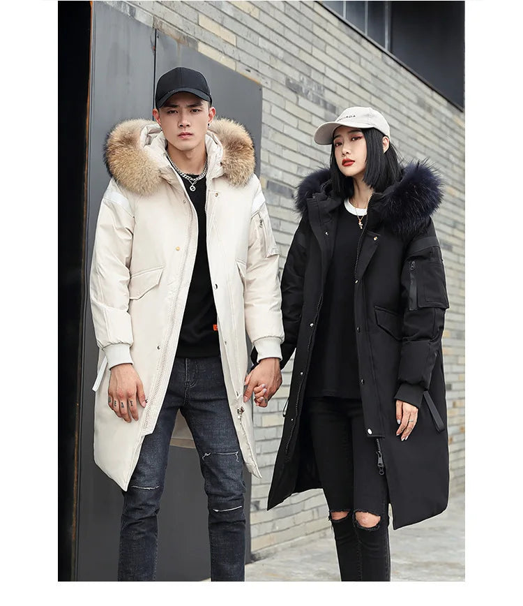 New Winter Down Jacket Men's Couple Fashion Big Fur Collar Medium and Long Youth Pie To Overcome Warmth and Thickening Tide