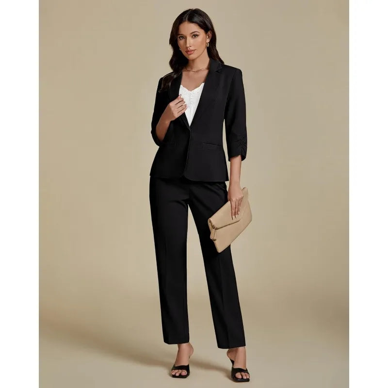Pant Suits for Women Dressy 2 Piece Business Casual Outfits 3/4 Sleeve Blazer Straight Leg Pant Sets Office Work