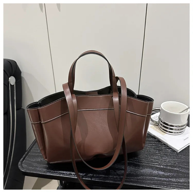 Women Tote Bag Underarm Bag Large Capacity PU Leather Shoulder Bags Vintage Solid Crossbody Bag Trendy Briefcase Bags with Purse