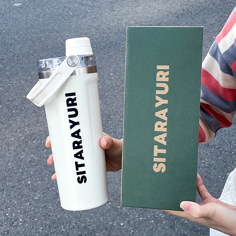 1pc 800ml magnetic lid insulated water bottle, minimalist letter print handle water cup, office and outdoor insulated cup