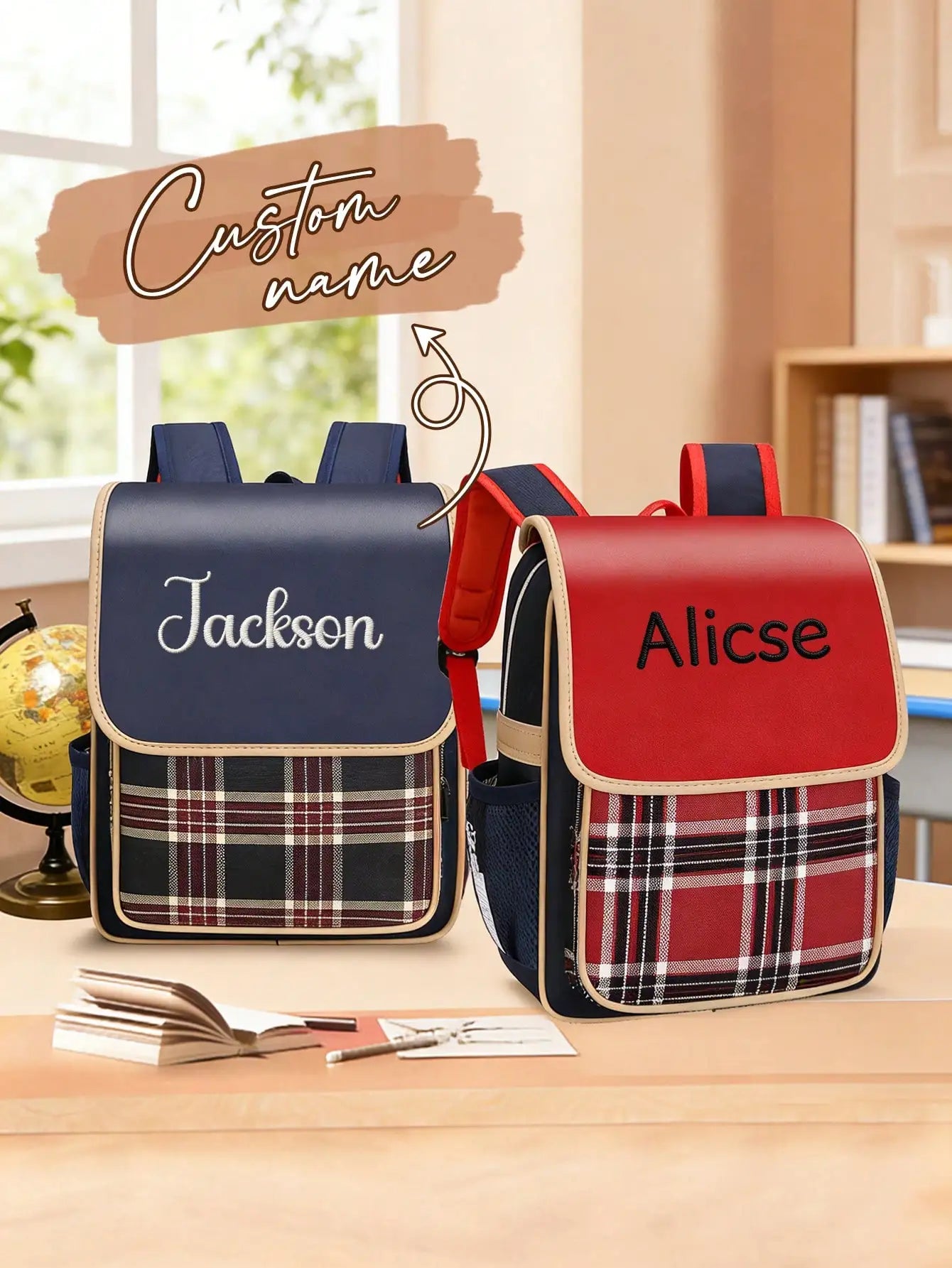 Custom Embroidery Name Kids School Backpack Plaid Children Bag Boys Girls Student Bookbag A4 Size Waterproof Kindergarten Bag