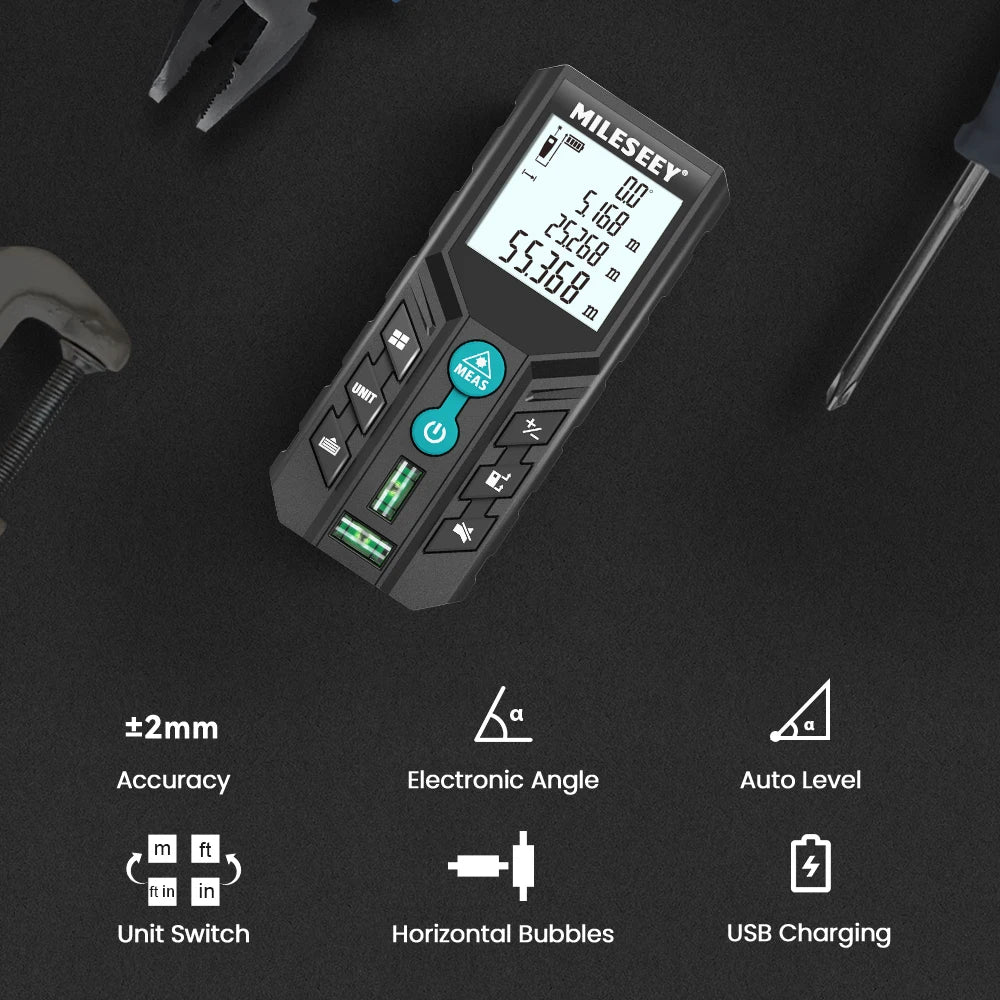 Mileseey D2 Laser Distance Meter,40m/120m Rangefinder,Rechargeable Angle Optional, Ft/M Unit, With Leveling Bubble Measure Tools