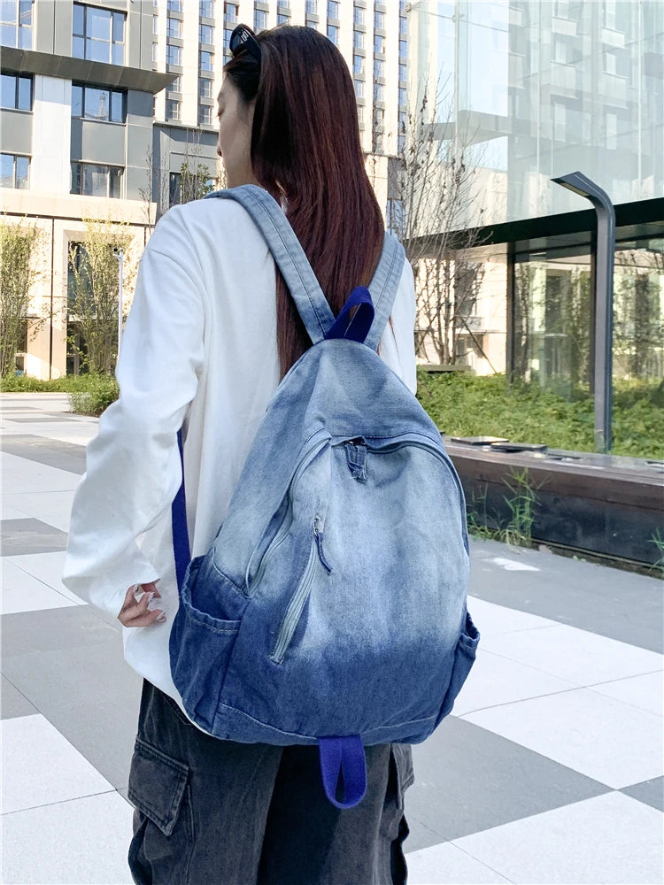 Men's and Women's Backpacks, Student School Bags, Large-Capacity Washed Denim Bags