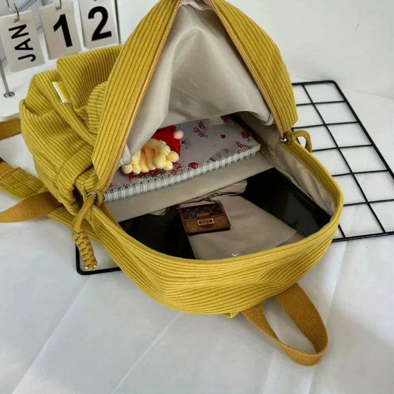 Backpack Solid Color Corduroy Backpack Handbag Rucksack Small School Bags Commuting Simple Student Book Bags Autumn Winter