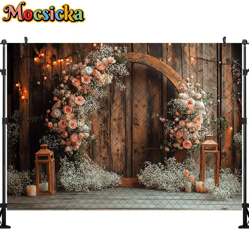Wedding Theme Photography Background Round Wreath Wooden Wall Decoration Couple Wedding Scene Supplies Backdrop Studio Props