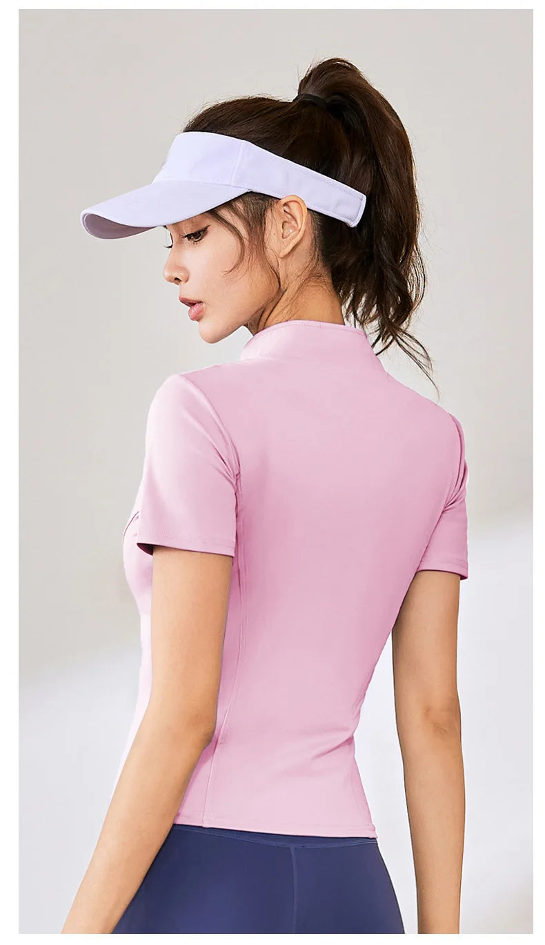 Summer High Quality Waist Slimming Training Tops Women's Quick-drying Tight Stand Collar Full Zipper Short Sleeves Yoga shirts