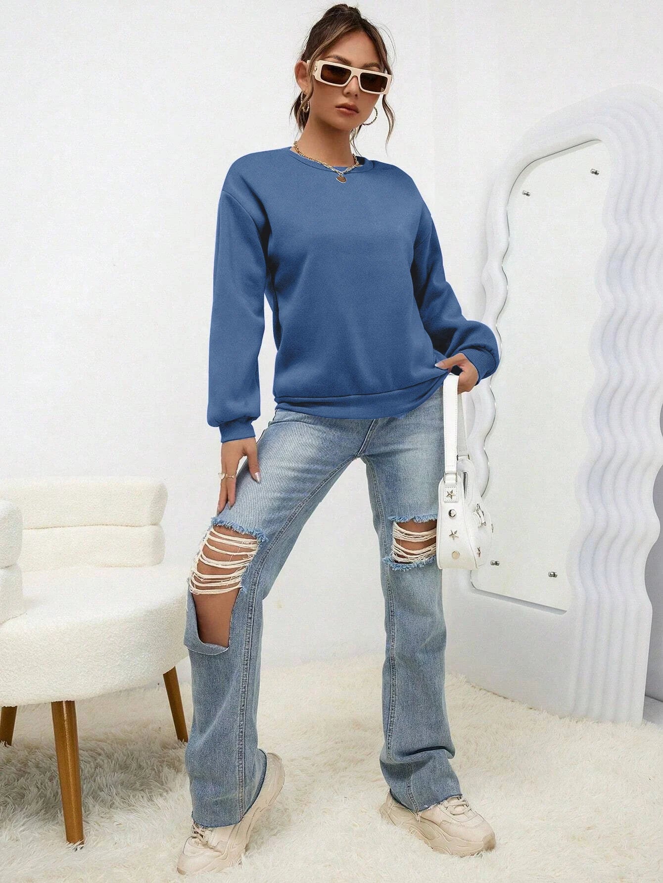 Woman Sweatshirt Casual Solid Color All-Match Clothing Loose Fashionable Pullovers Autumn Crewneck Warm  Female Hoodies