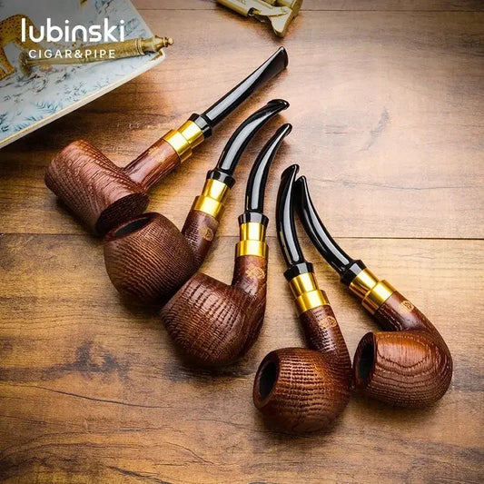 Oak Wood Sandblasted Tobacco Pipe with Gold Silver Band 9mm Filter Straight Bent Smoking Pipe for Men Gift Accessories