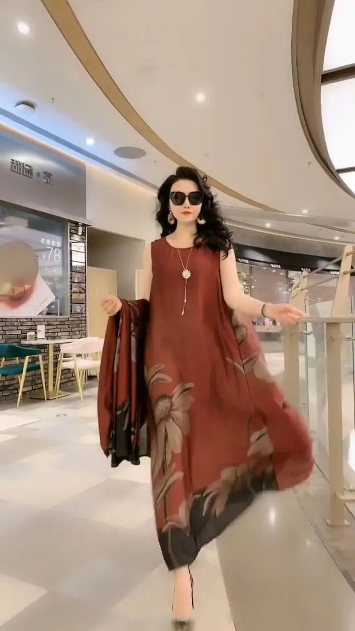 Authentic Silk Dress for Mother, Silkworm Loose Dress, High-End Print, 2-Piece Dress, Women's Dresses, Spring, Summer, New, 2023