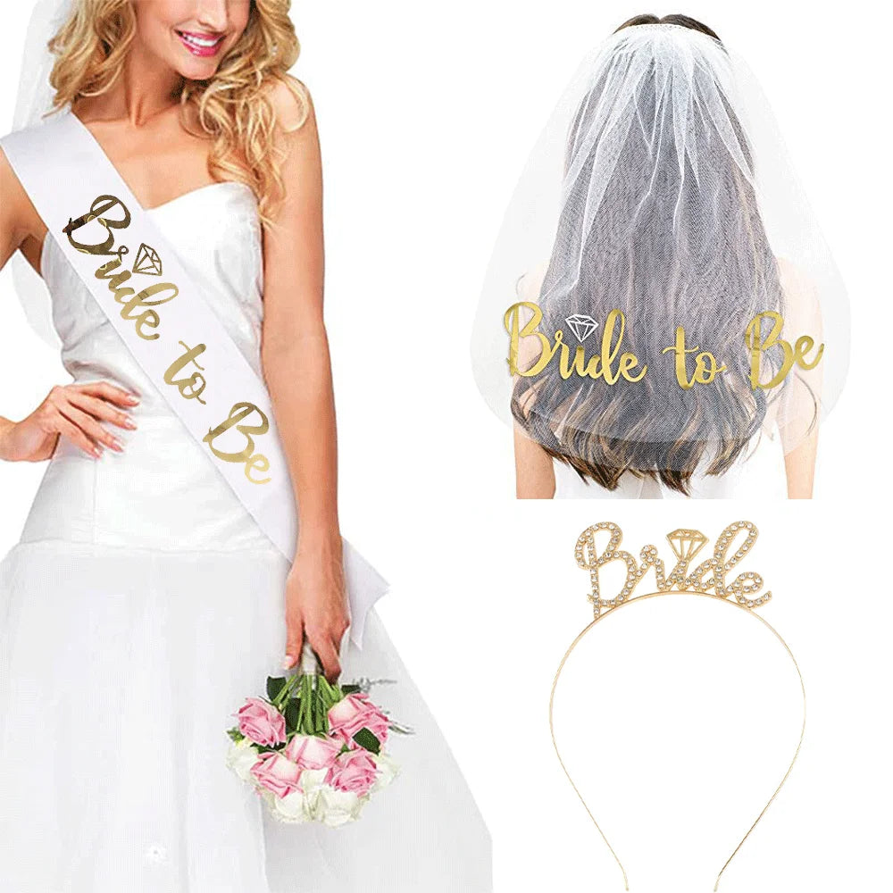 Wedding Party Set Rose Gold Bride to Be Bridal Shower Bridal Straps Wedding Veil Headband Hen Night Bachelorette Party Supplies