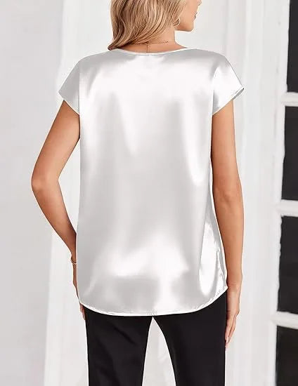 Women's Summer New T-shirt Casual V-Neck Short Sleeve Blouse Business Casual Tops Satins Silk Summer Shirt Work Solid Color Tops