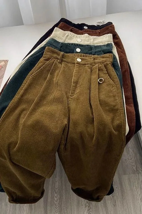 Retro High Waist Corduroy Pants Women Spring Fall Straight Causal Full Length Trousers Korean Fashion Baggy All Match Black Pant