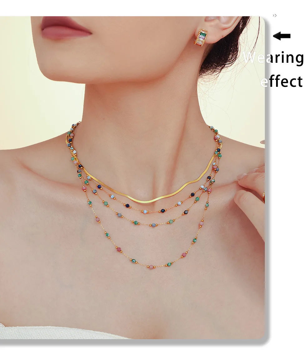 Women's Necklace Natural Stone Handmade Bead Double-layer Layered Collarbone Chain Stainless Steel Jewelry
