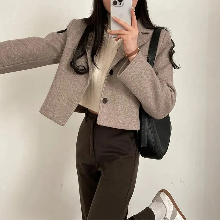ort Thiened Woolen Coat for Women Winter New Sle Retro Single Button Suit Collar Coat Korean Sle Straight Tube pe
