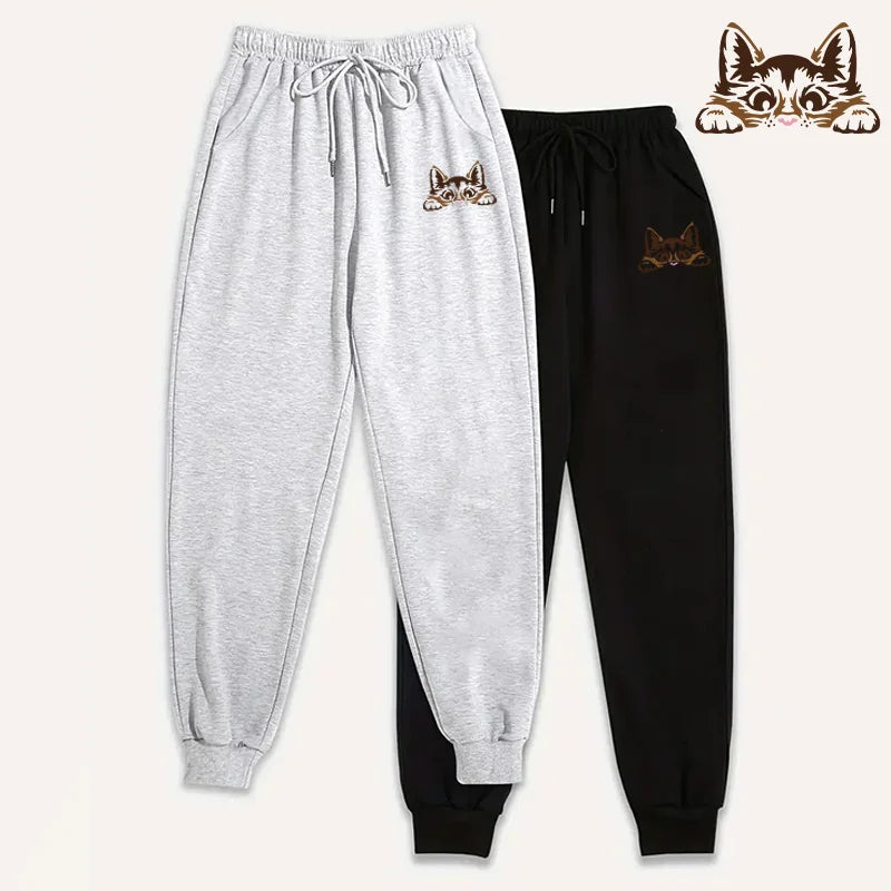 Women's Sweatpants 2 Pack Pure Color Joggers Fall Winter Casual Lounge Wear Comfort Fit Sporty Pants Cute Cat Print 2piece Pants