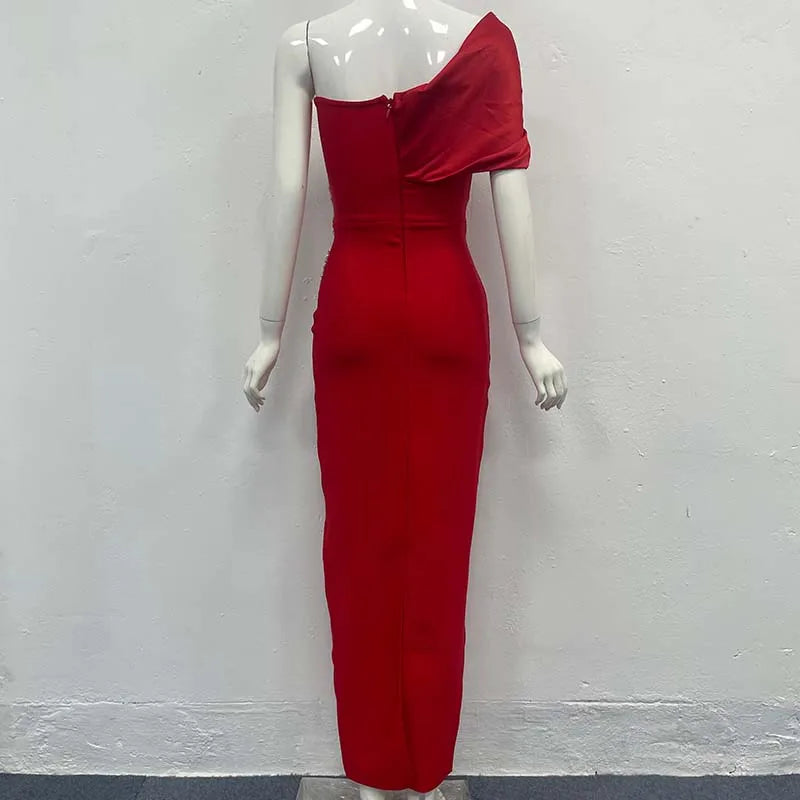 Black Dresses Woman Elegant One Shoulder Shining Rhinestones Bodycon Red Bandage Long Dresses Party Cocktail Dress Evening Dress
