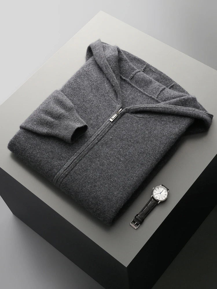 100% Pure Wool Sweater Suit Men's  Hooded Cardigan Wool Pants Thick Warm Knitwear Autumn Winter Smart Casual Trousers Hoodie