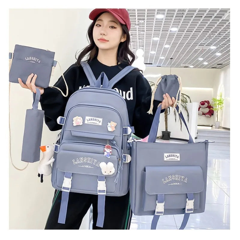 Solid Colored Teenager'S Backpack Set, Large Capacity Double Shoulder Bag, Easy Handbag And Coin Purse, Casual Crossbody Bag etc