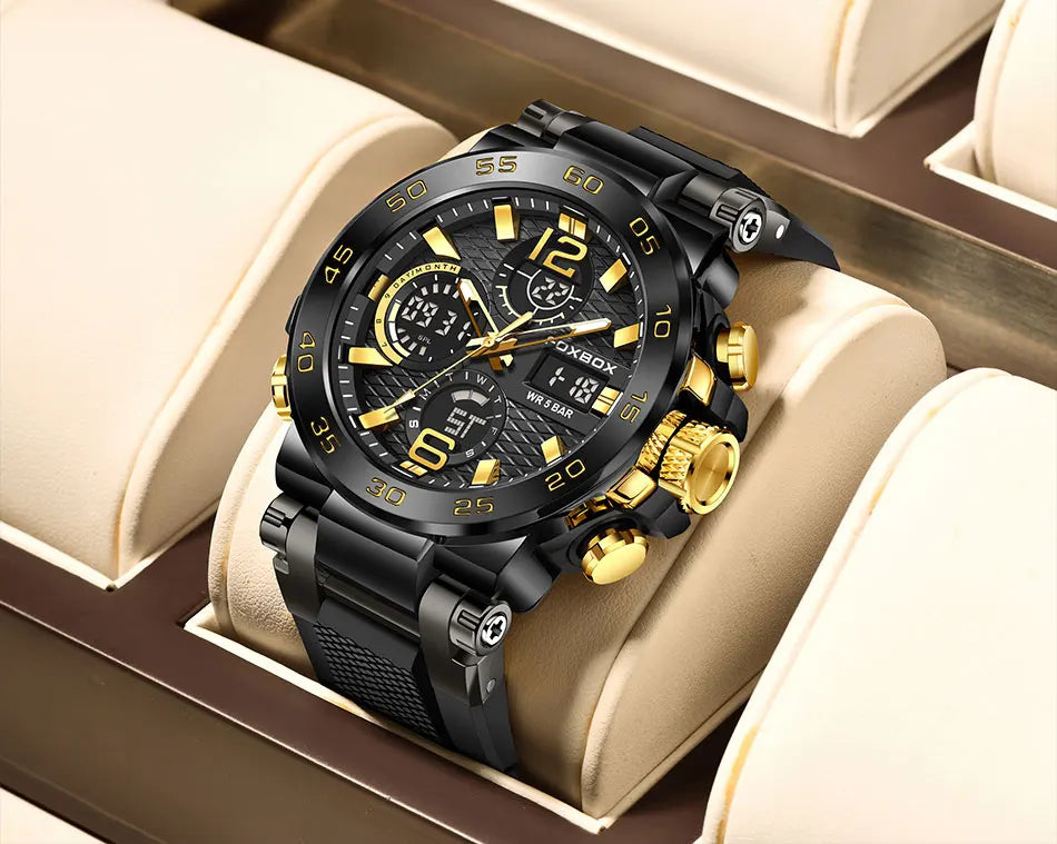 LIGE New Watches For Men 50M Waterproof Clock Alarm reloj hombre LCD Dual Display Wristwatch Quartz Military Sports Mens Watch