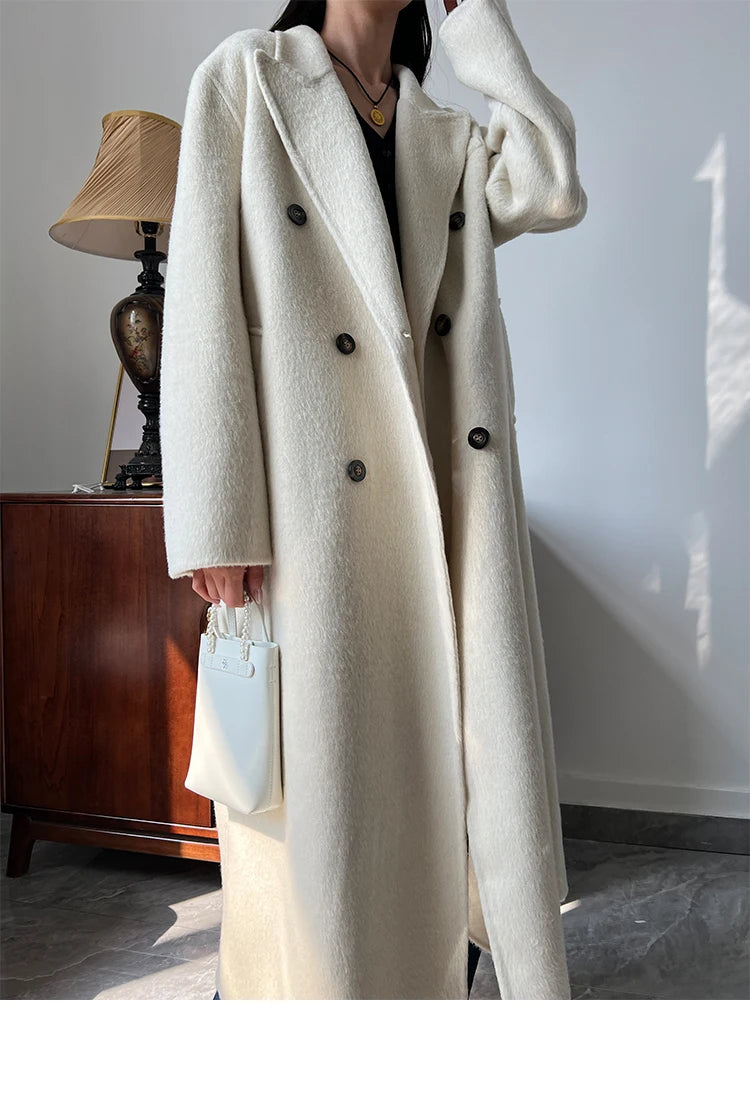 Office Lady Woolen Jackets 2024 Autumn And Winter Suit Collar Double Breasted Warmer Yak Hair Loose Long Women's Wool Coats