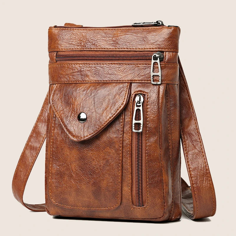 Ladies' soft leather shoulder bag, mobile phone bag, layered bag, mailman, one shoulder luxury designer, ladies' handbag, wallet