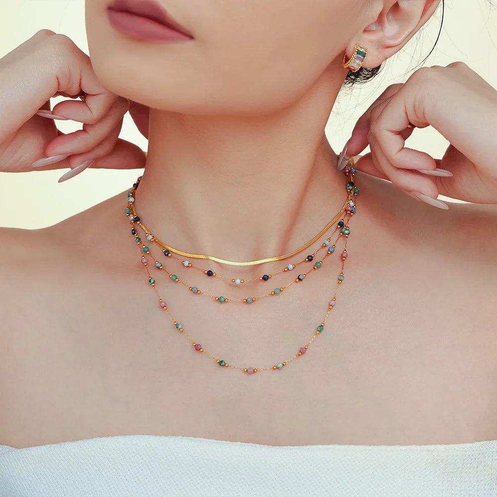 Women's Necklace Natural Stone Handmade Bead Double-layer Layered Collarbone Chain Stainless Steel Jewelry