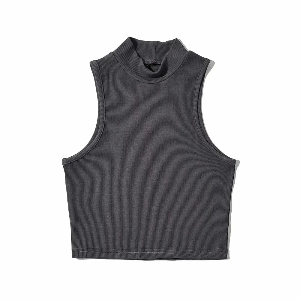 Summer Black Women Fashion Crop Top High Neck White Sleeveless Tank Tops 5 Colors