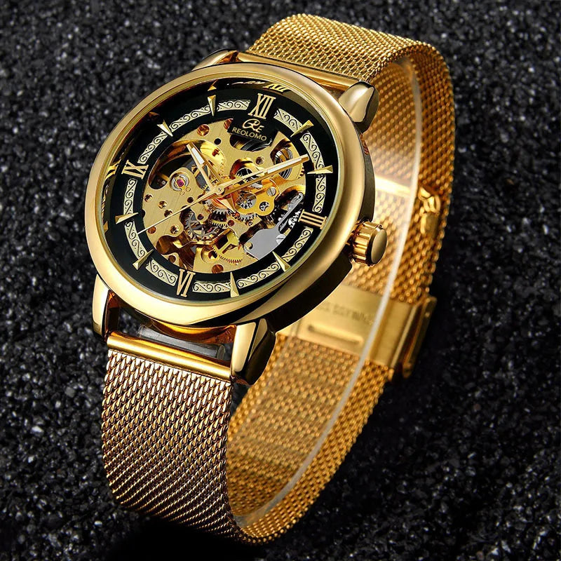 Men's automatic mechanical watch, European and American fashion hollow mechanical watch, woven mesh belt men's watch