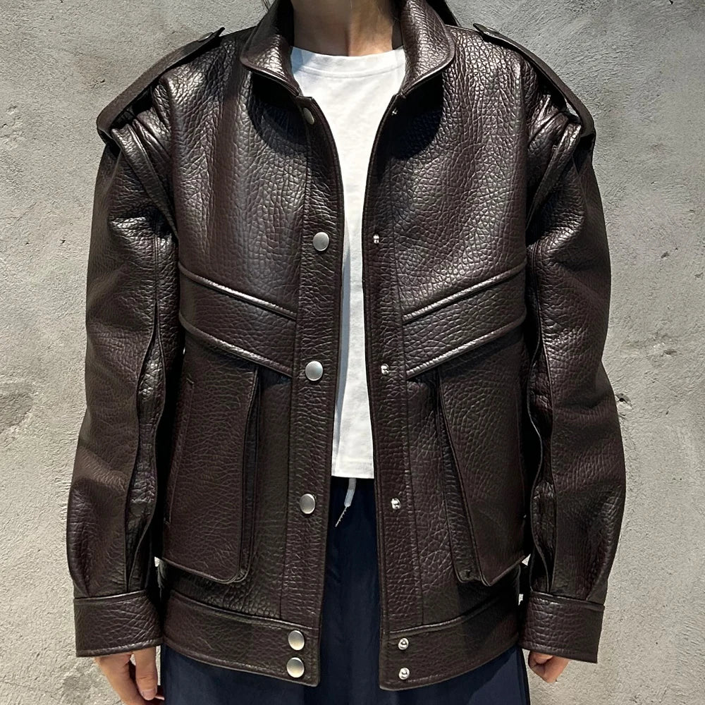 Oversized Brown Grained Letaher Jackets Women Genuine Jacket Sheep Leather Autumn Bomber Leather Jackets