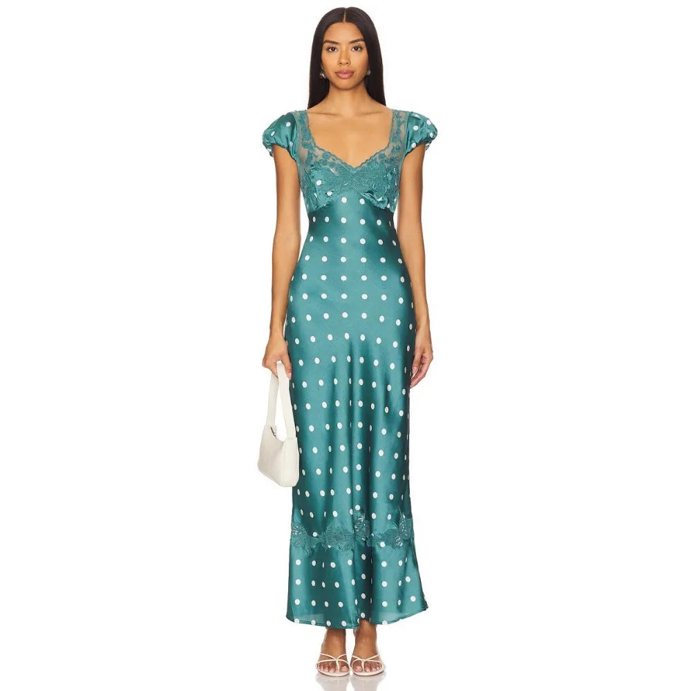 Luxurious Silk Satin Long Dress Elegant Puff Sleeve Polka Dot Floral Gown Sexy Open Back Midi Dresses for Evening Cocktail