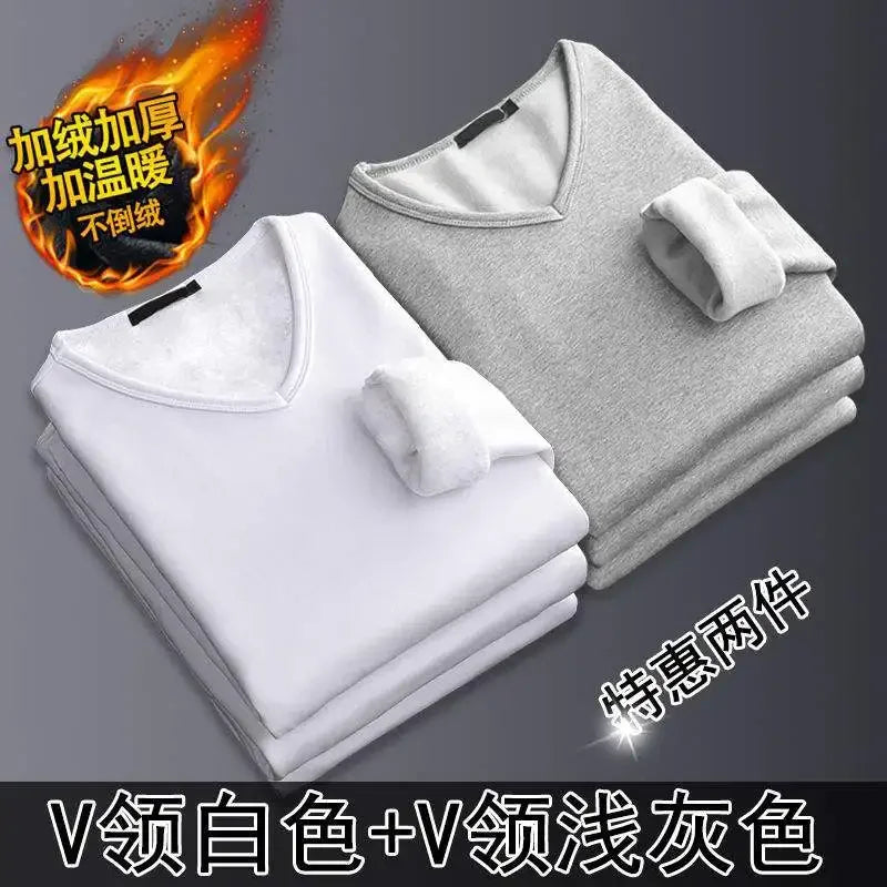Thermal Underwear Shirt Men V Neck Fleece Sport Tops Autumn Thermo Clothing Comfortable Warm Long-Sleeved 5XL
