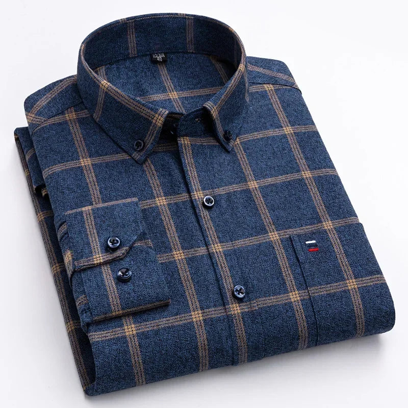 New in shirtplus size 7XL 100%cotton sanding long-sleeve shirts for men slim fit plain shirt striped plaid single pocket clothes