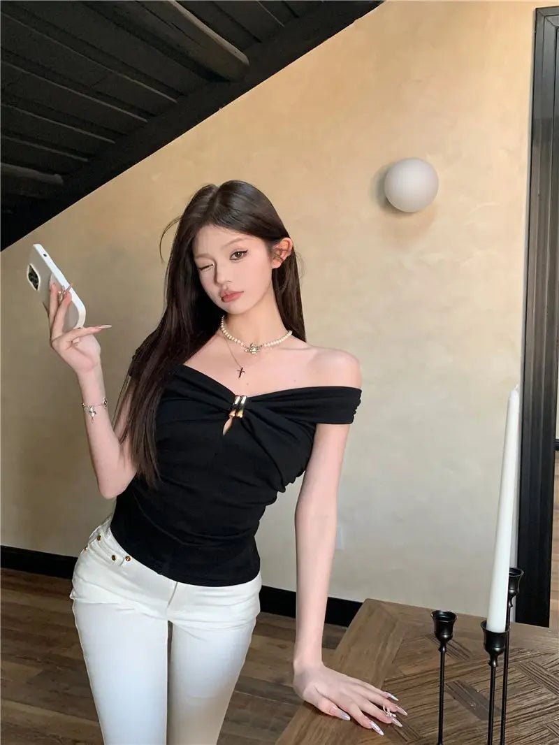 Summer Solid Color Sexy Off Shoulder Tops Lace Up Sleeveless T-Shirt Casual Slim  Top Black Short Sleeve Wome