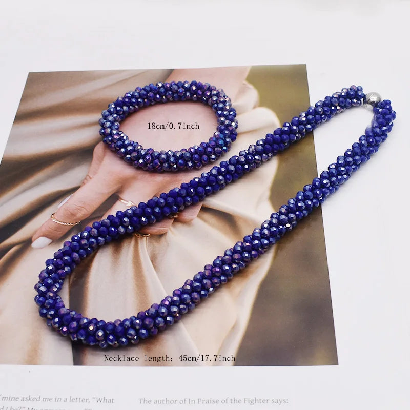 New Woven Bead Necklace Glass Beaded Bohemian Statement Necklace Bracelet Hair Accessory Set For Women Jewelry Gift