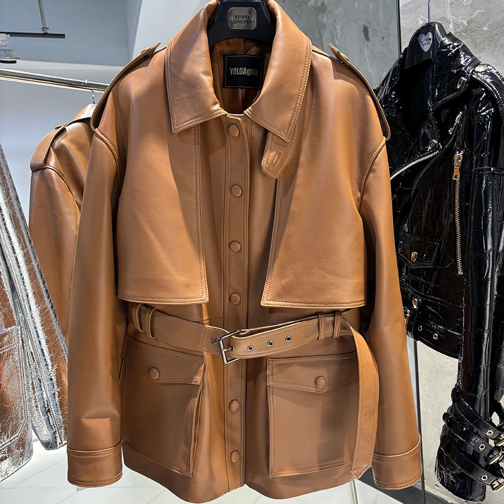 YOLOAgain Real Leather Suede Jacket Women Dark Brown Single Breasted Leather Coat With Belt