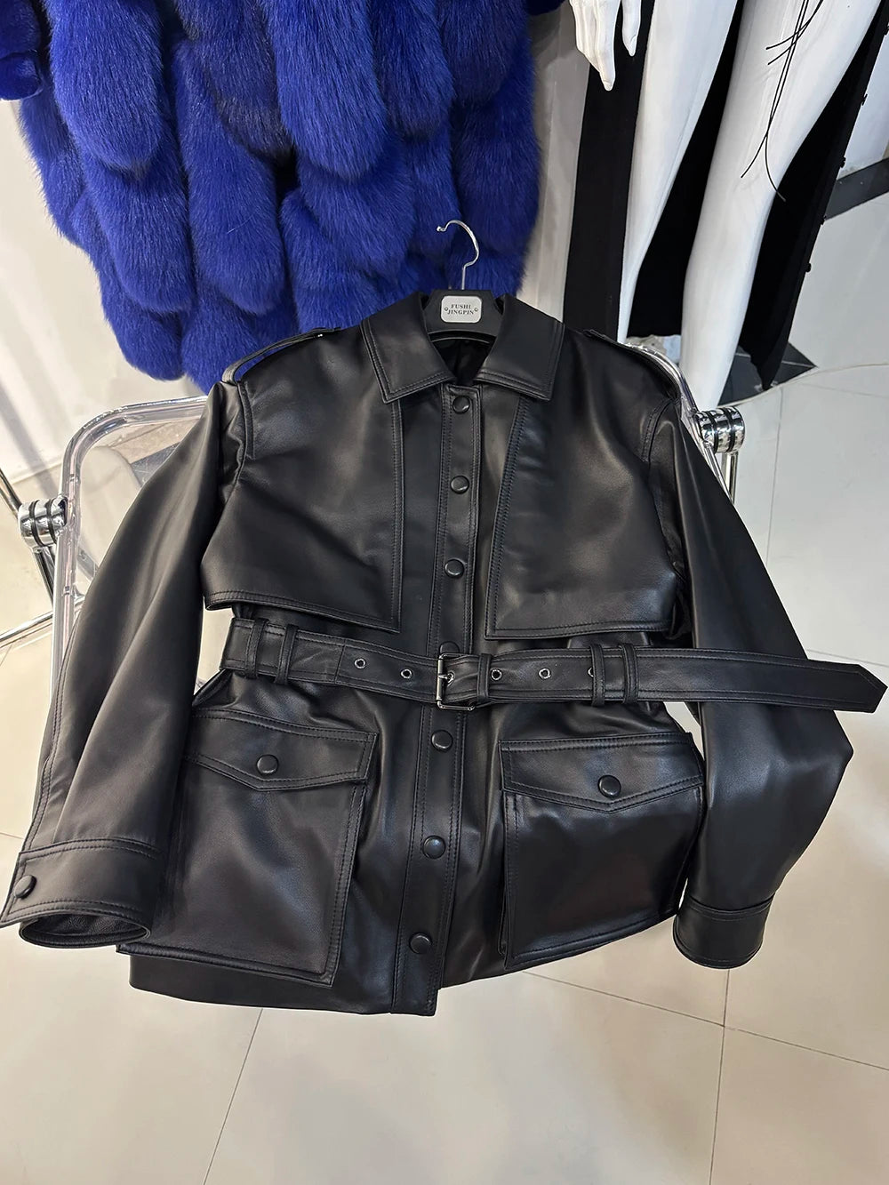 YOLOAgain Real Leather Suede Jacket Women Dark Brown Single Breasted Leather Coat With Belt