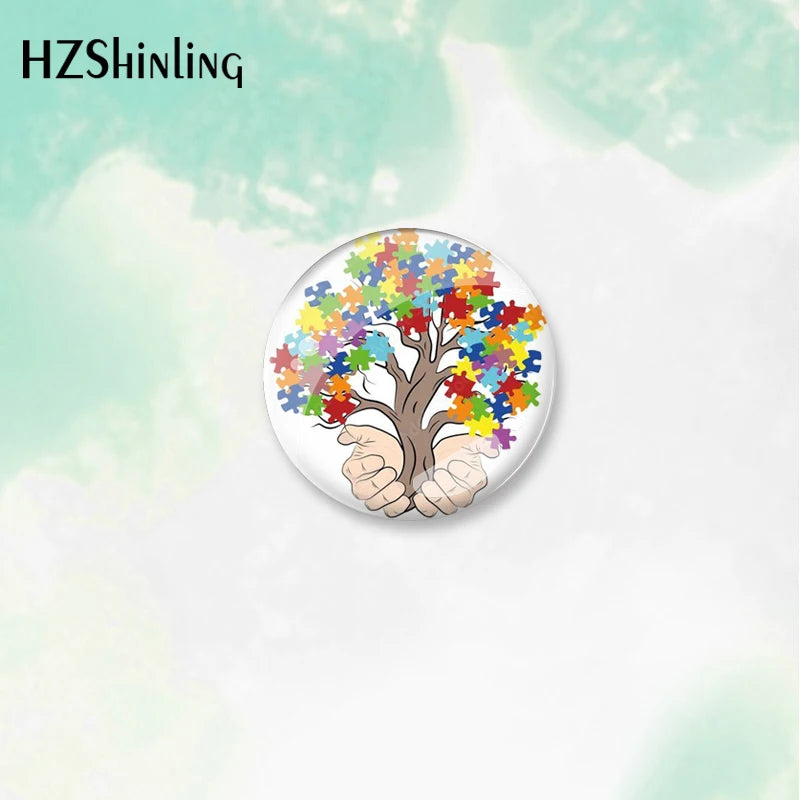 2023 New Autism Awareness Tree Love Support Pattern round Button Badge Brooch For Clothes Backpack Decoration Pin Jewelry