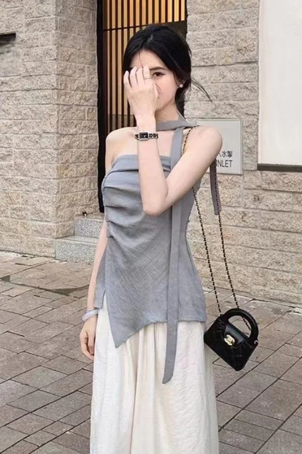 Women's Summer 2025 Off-Shoulder Bustier Top with Asymmetric Design for Commuting and Stylish Outfits