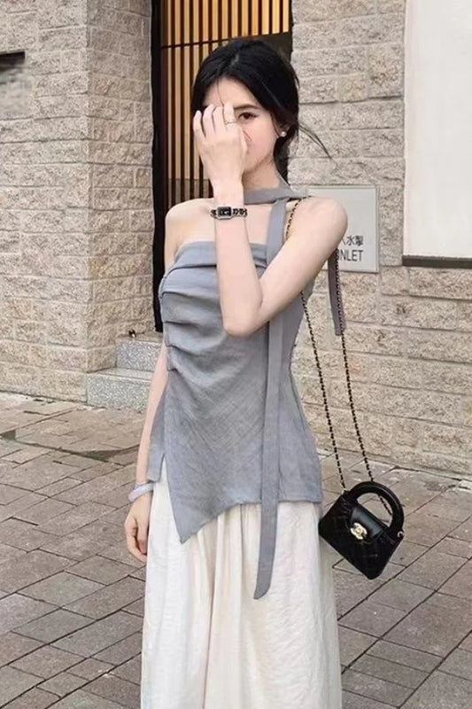 Women's Summer 2025 Off-Shoulder Bustier Top with Asymmetric Design for Commuting and Stylish Outfits