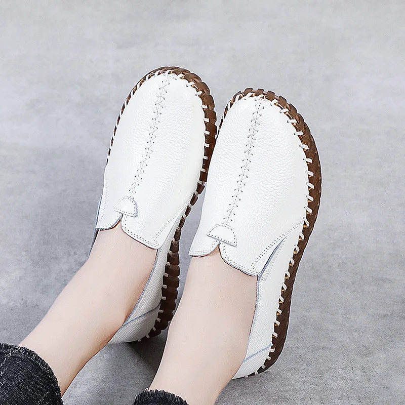 Autumn Wide Width Women Shoes Genuine Leather Ballet Flats Women's White Loafers Driving Moccasins Ladies Shoes For Foot Bones